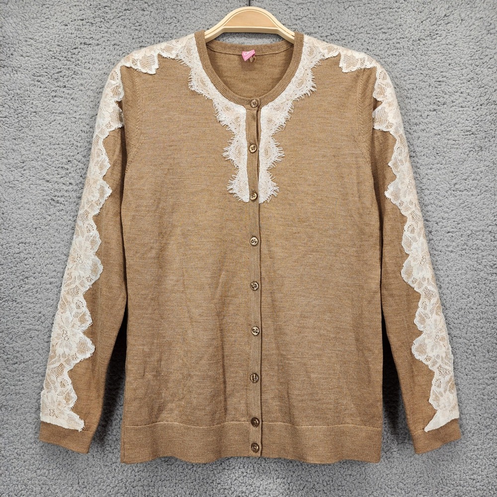 Basler Camel Tan Virgin Wool Silk Lace Trim Button Front Cardigan Sweater Womens